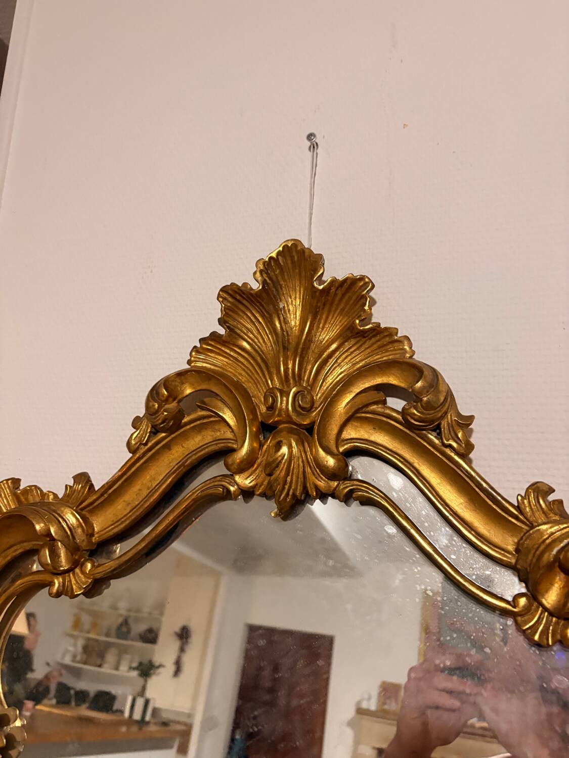Antique Large Gilded Mirror in Wood Louis XVI Style with Quiver Pediment