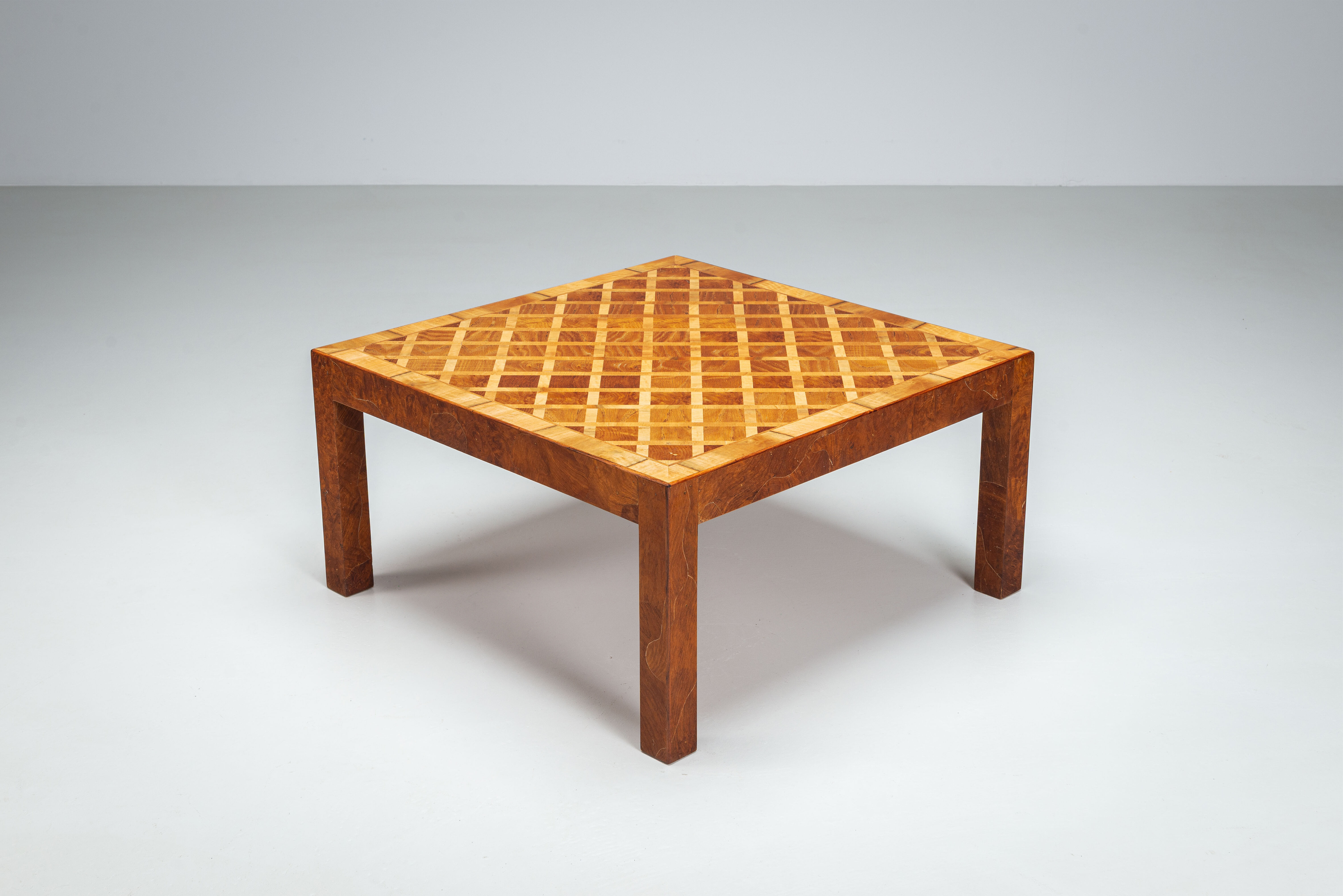 Square Italian coffee table with burl wood and inlaid parquetry top