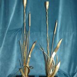 Pair of Golden Metal Lamps Reeds Work circa 1960 1970 Hollywood Regency