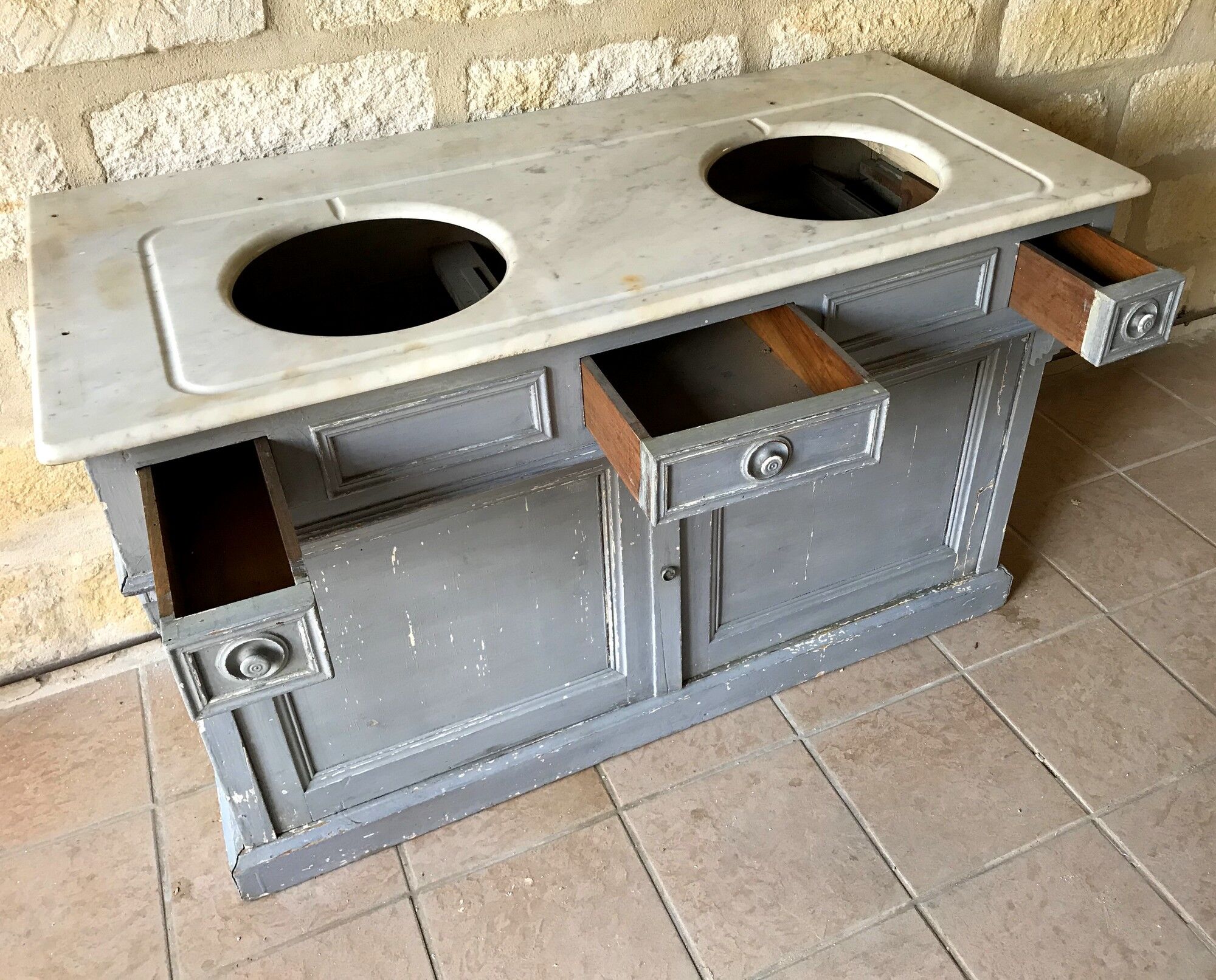 Antique bathroom furniture double sink marble top