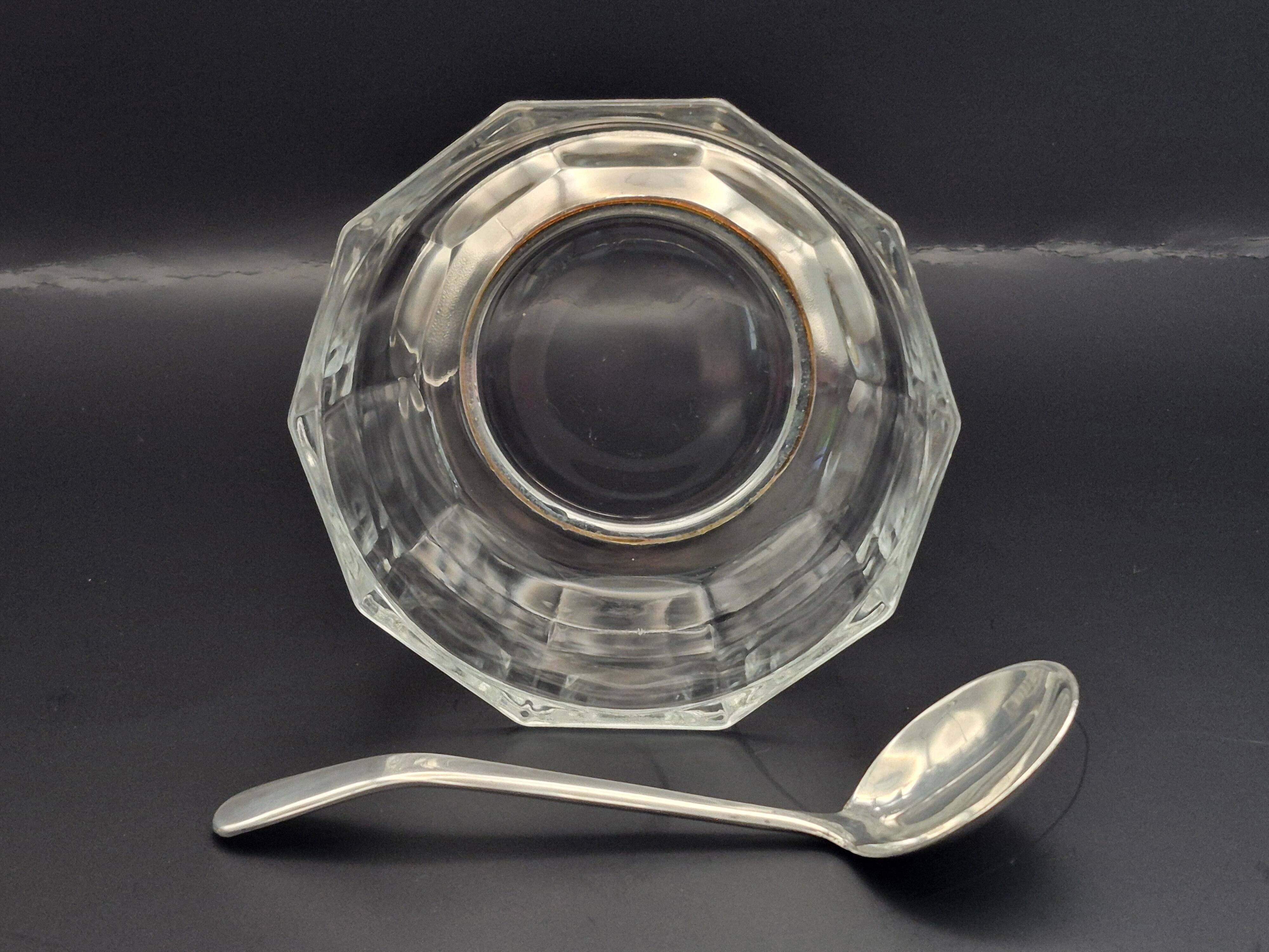 Art Deco thick crystal/glass bowl, silver-plated metal pedestal.