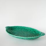 Grand plat en barbotine modèle bambou tressé vert, 1970