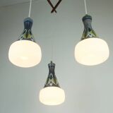 exceptionally beautiful danish modern PENDANT LIGHT teak opaline glass ceramic 3-light hanging lamp