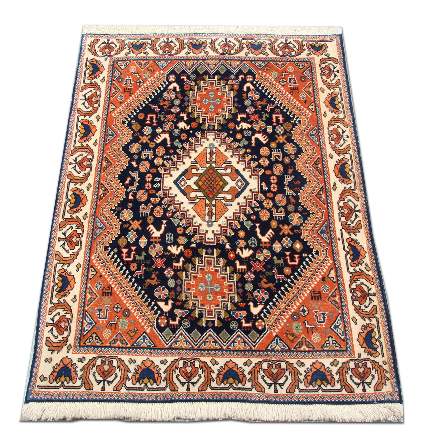 Small Fine Wool Medallion Area Rug Traditional Orange Blue Tribal Carpet- 52x125cm