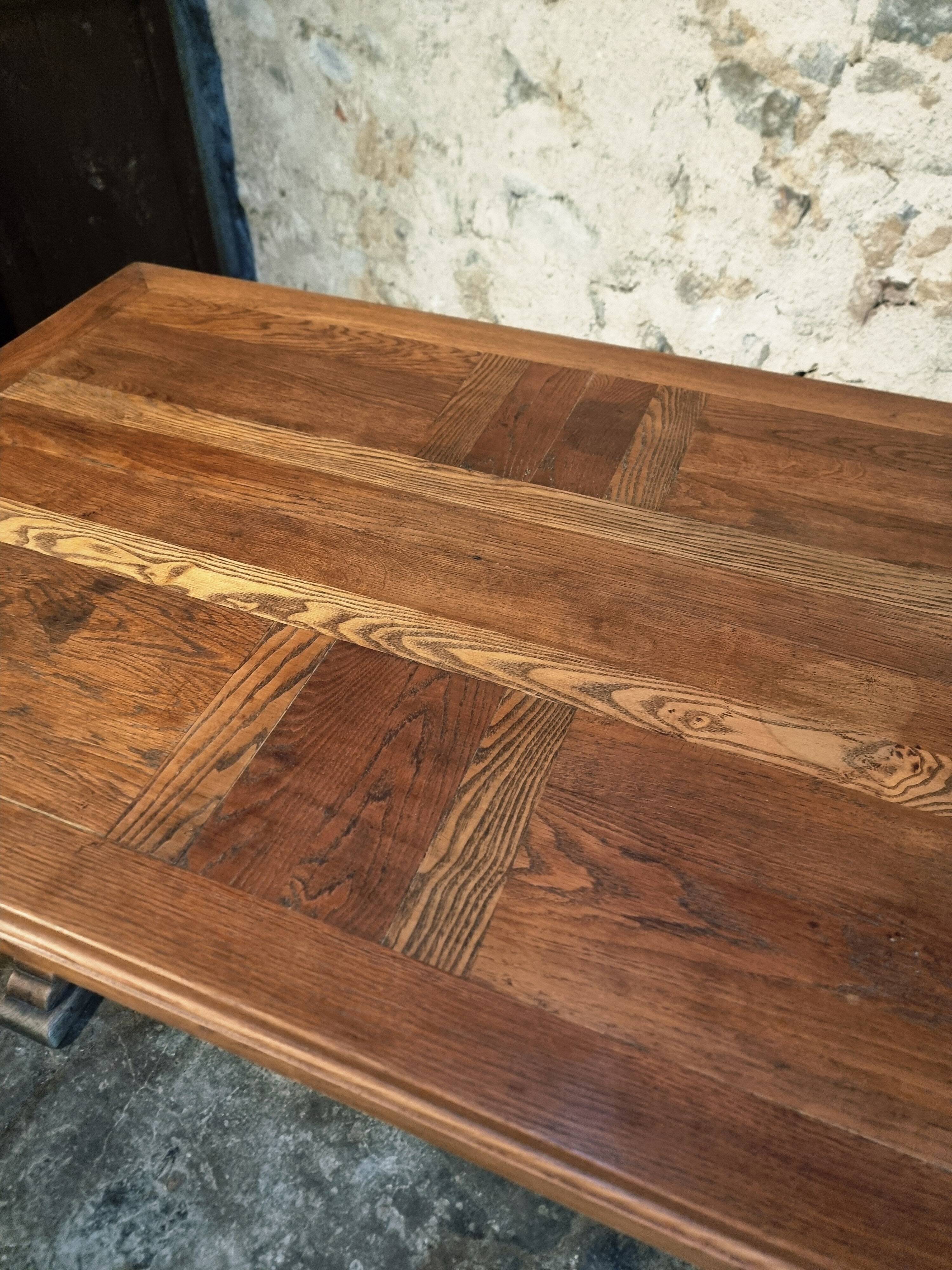 French vintage table in solid oak, Arts & Crafts style, 1930s–1940s.