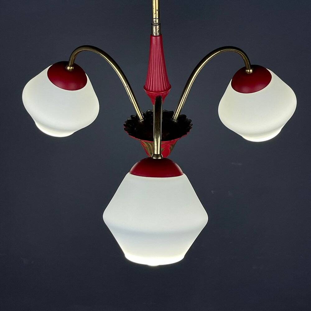 Italian vintage chandelier in brass and milky glass with 3 arms, 1950s.