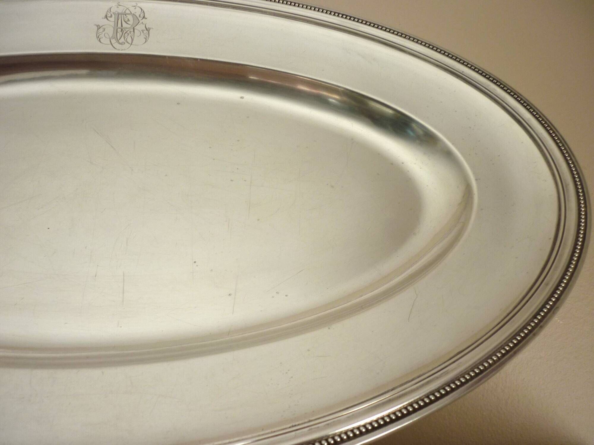 Oval dish, silver-plated metal, Christofle goldsmith, pearl frieze model, 49cm