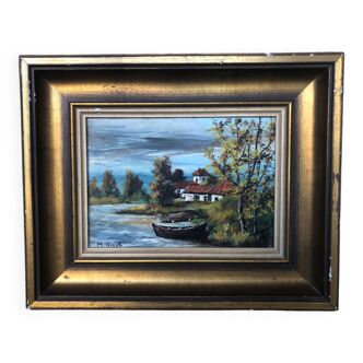 Tableau Huile Sur Panneau M. NIAVEL Vue Maison Bord Rivière + Cadre Doré #A214