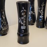 5 Vietnam vases black lacquered wood and mother-of-pearl inlays