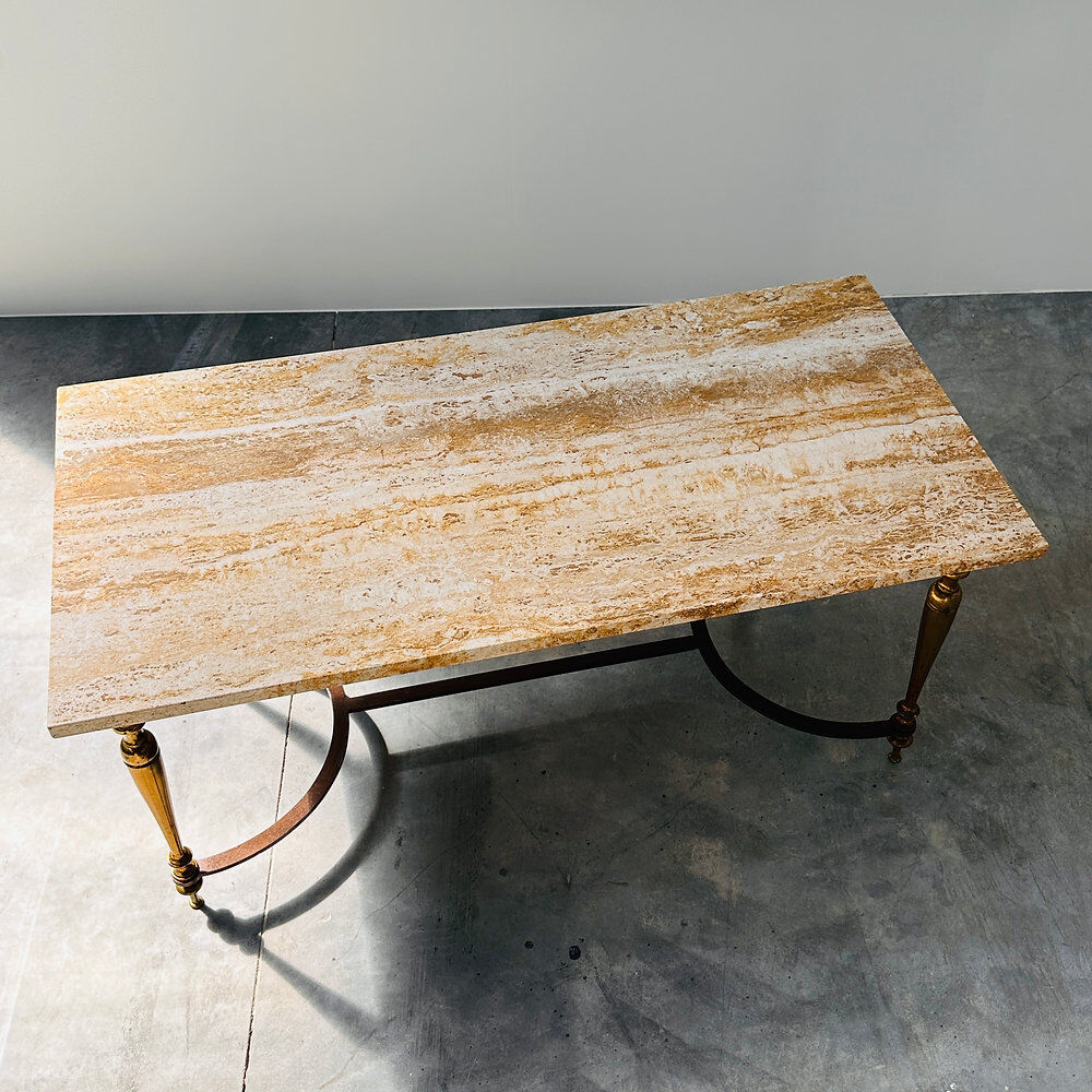 Elegant travertine coffee table with brass base, 1970s