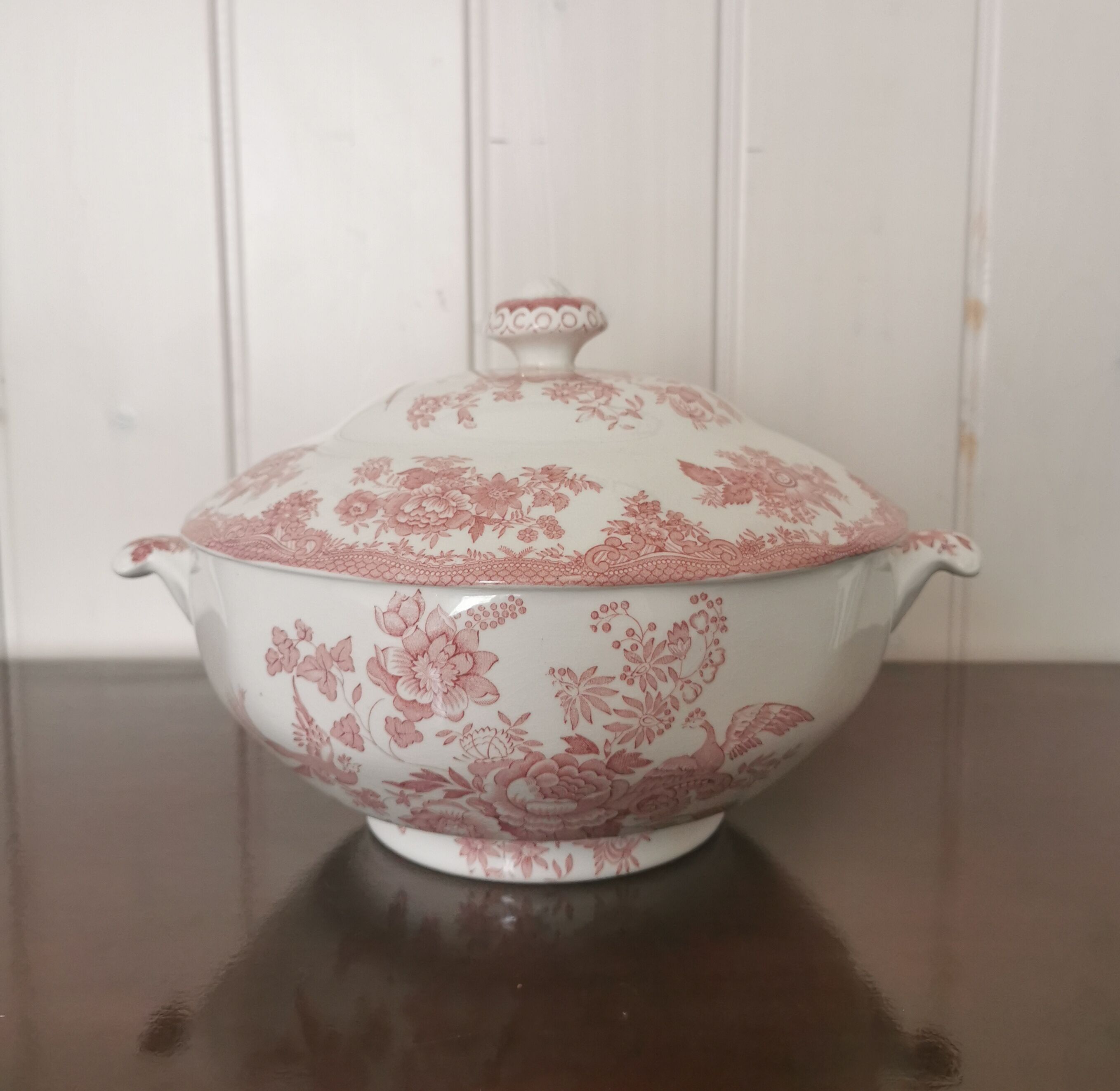 English soup bowl with purple floral motifs