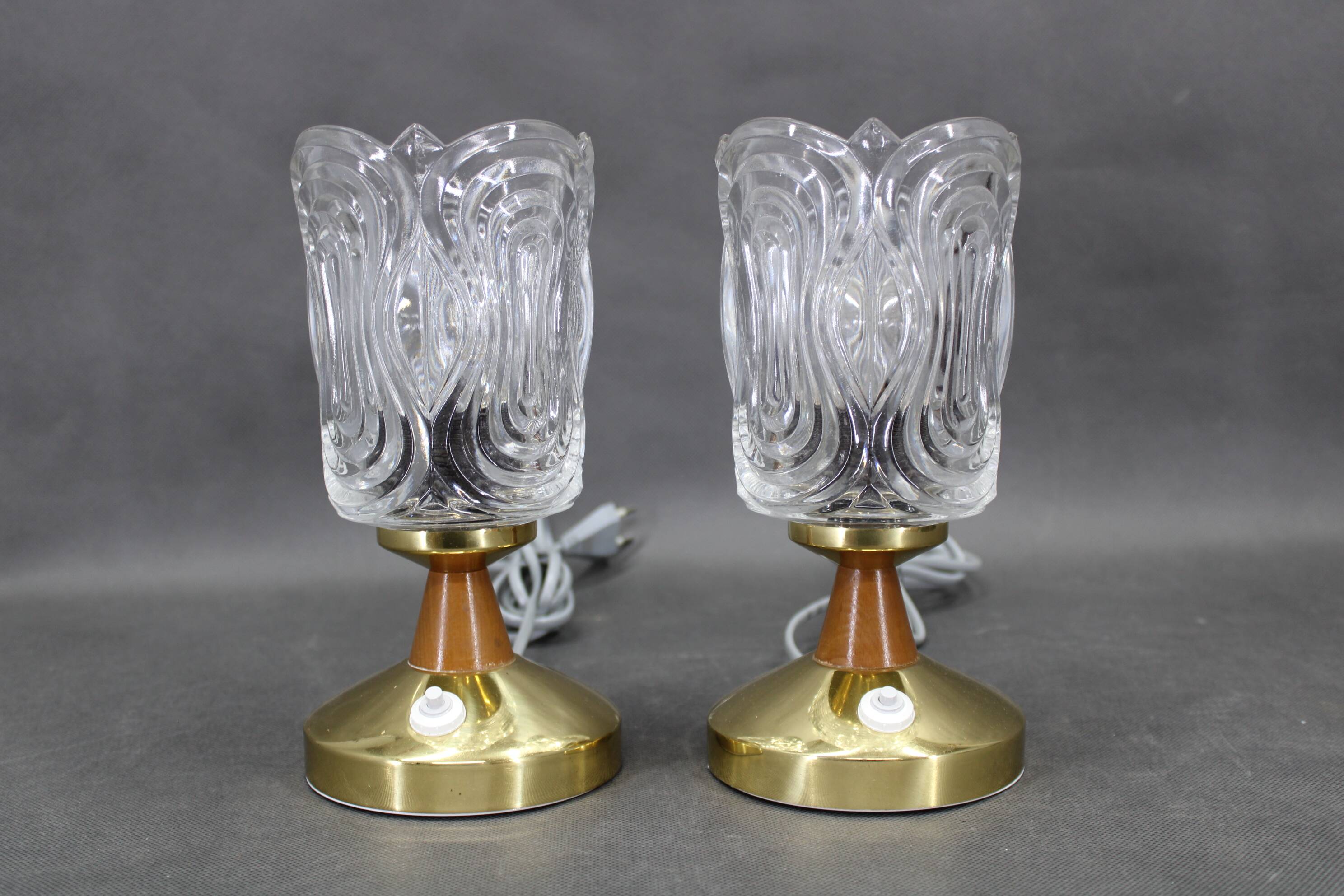 Pair of 1970s Lidokov mid-century table lamps with sculpted pressed glass shades