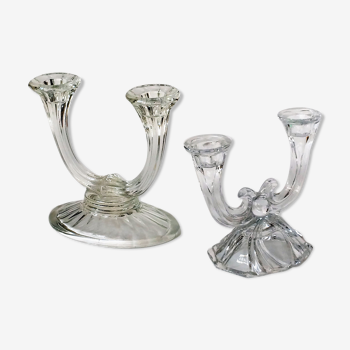 Two double glass candlesticks