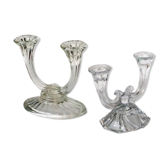 Two double glass candlesticks