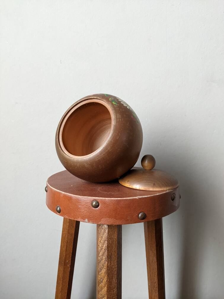 Turned wooden candy box with hand-painted floral decoration, country decor