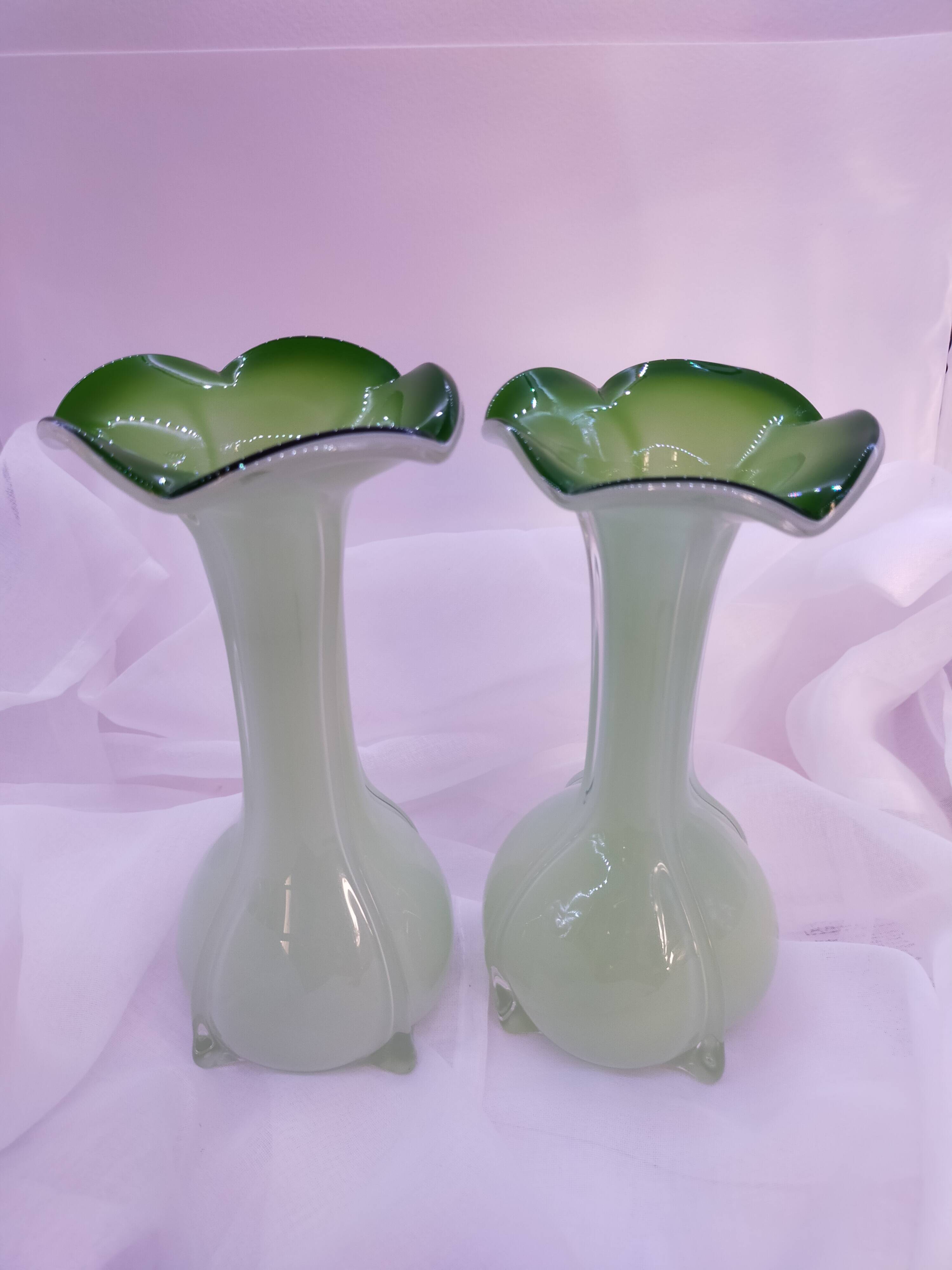 Pair of antique Murano style multi-layered blown glass vases, retro colored, Art Deco