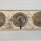 Antique teak coat rack with 3 wrought iron hooks