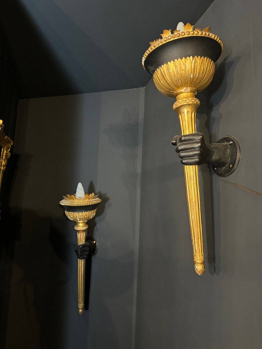 Pair of 19th Century Torchieres / Wall Lights in Gilded Wood and Bronze