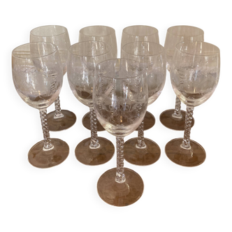 Set of 9 tall twisted and engraved crystal wine glasses