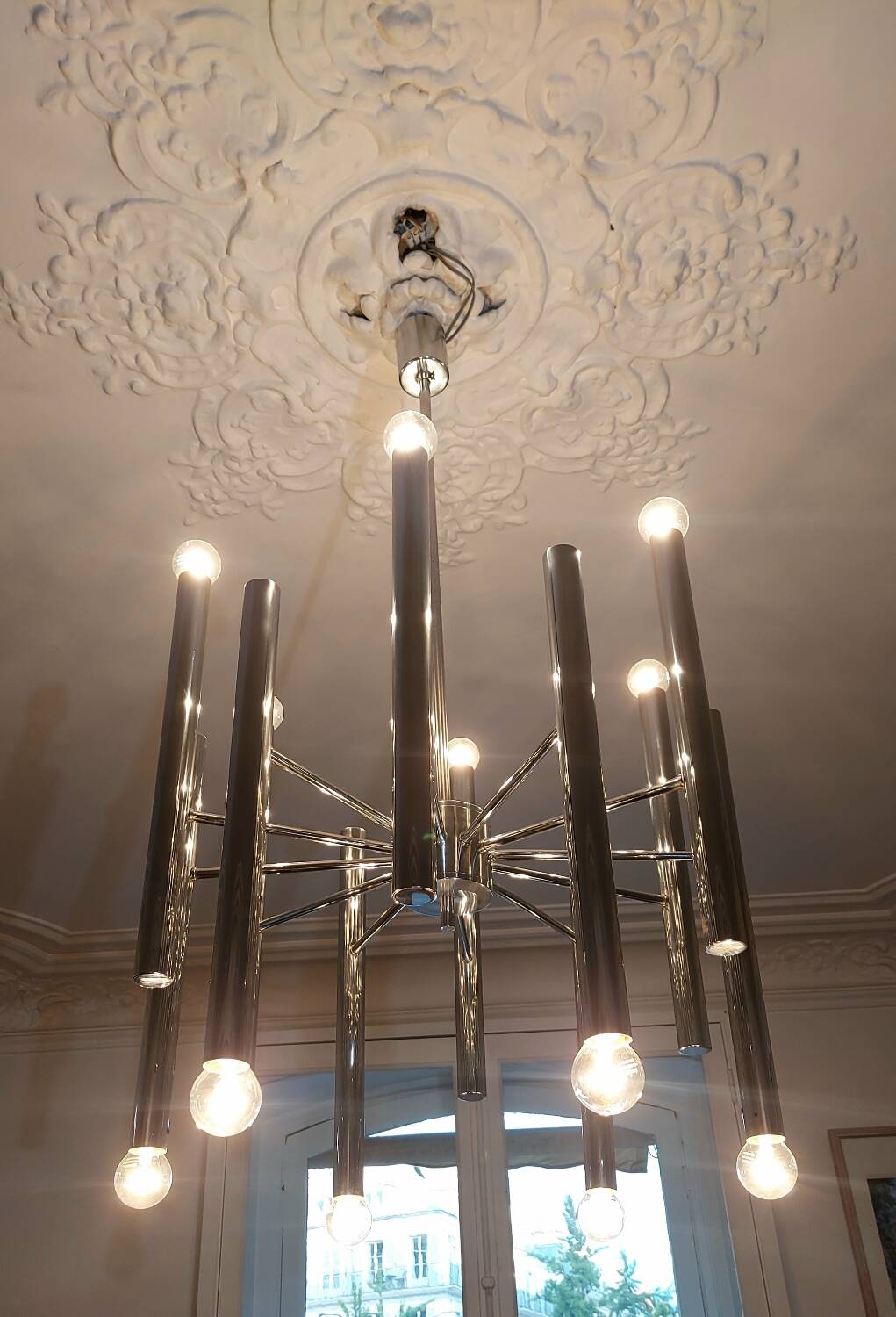 Very large vintage 12-light chandelier by Sciolari - 1970s (Space Age)