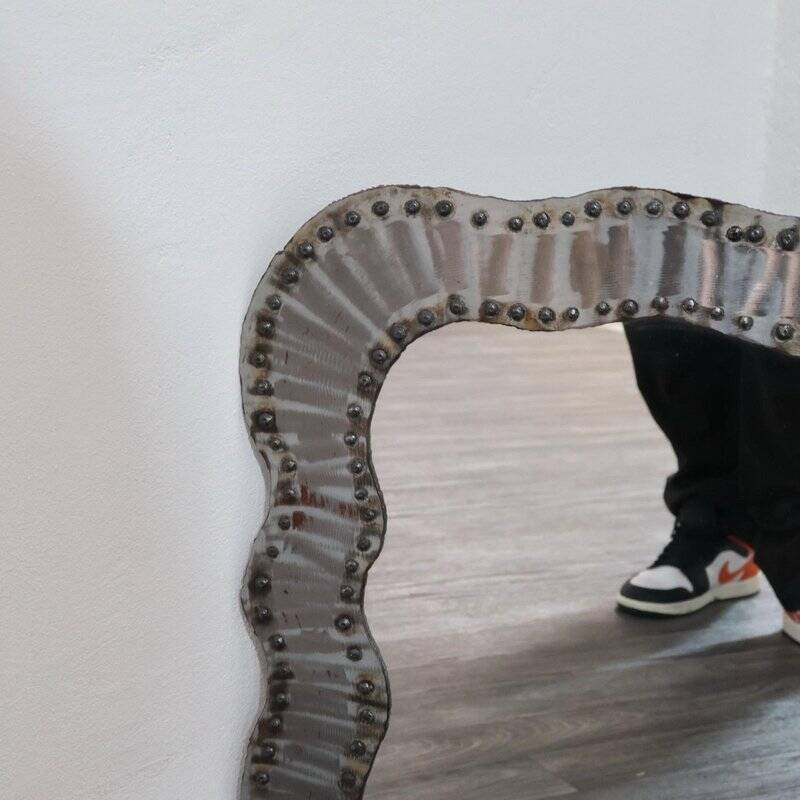 Brutalist Studded Metal Wall Mirror, 1960s