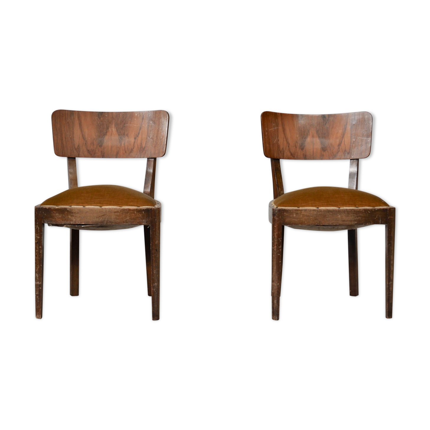Vintage walnut chairs with studs & straps and springs in velvet, italy, 1920s, set of 2