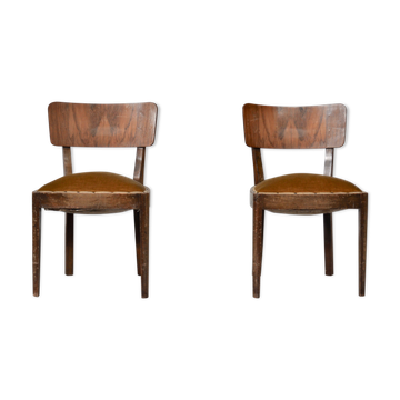 Vintage walnut chairs with studs & straps and springs in velvet, italy, 1920s, set of 2
