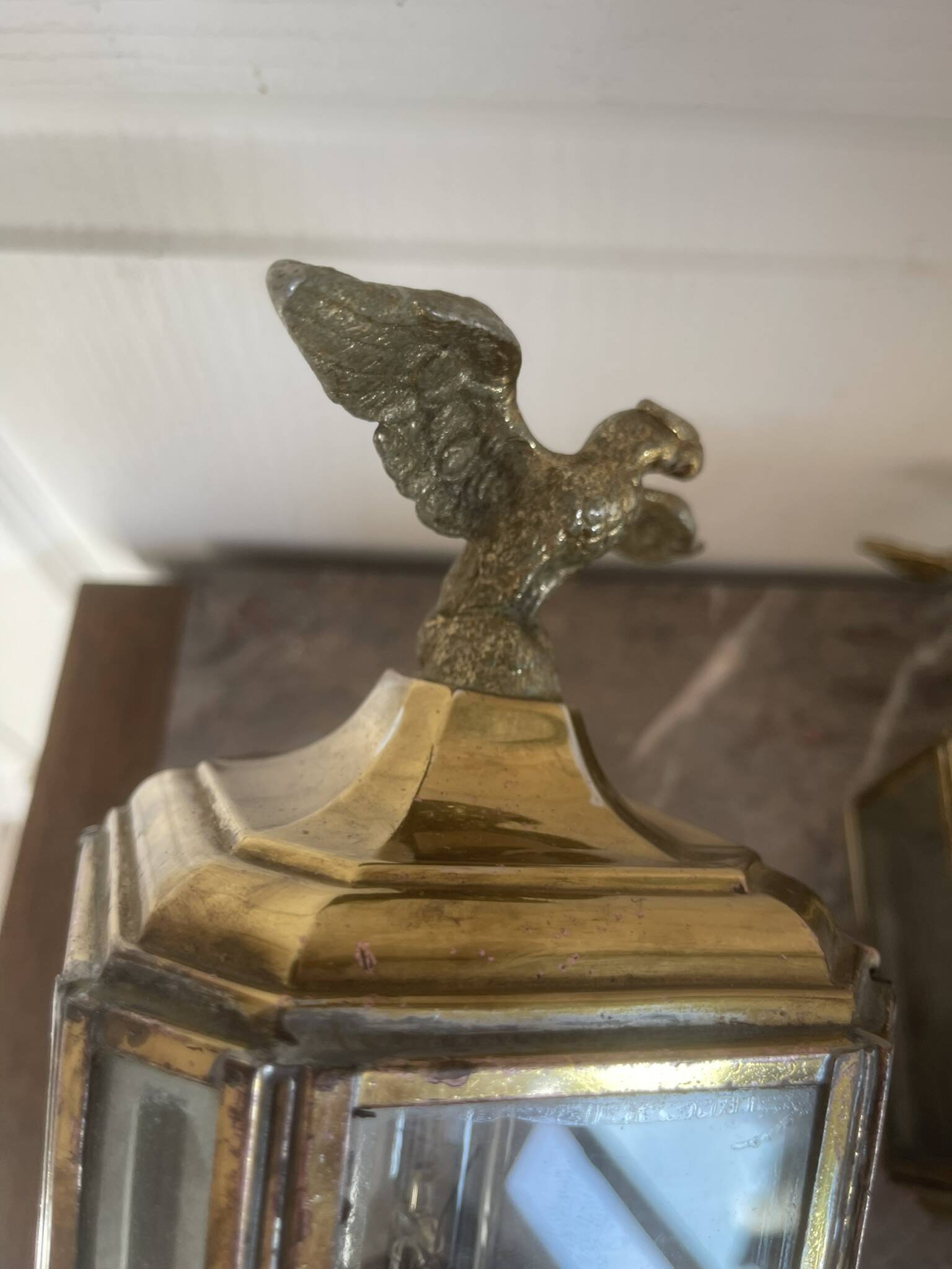 Old Pair of Gilded Brass Wall Lights in Carriage Lantern Eagle Empire Style