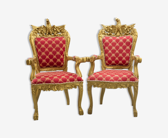 Pair of red and gilded wood armchairs with eagle decoration