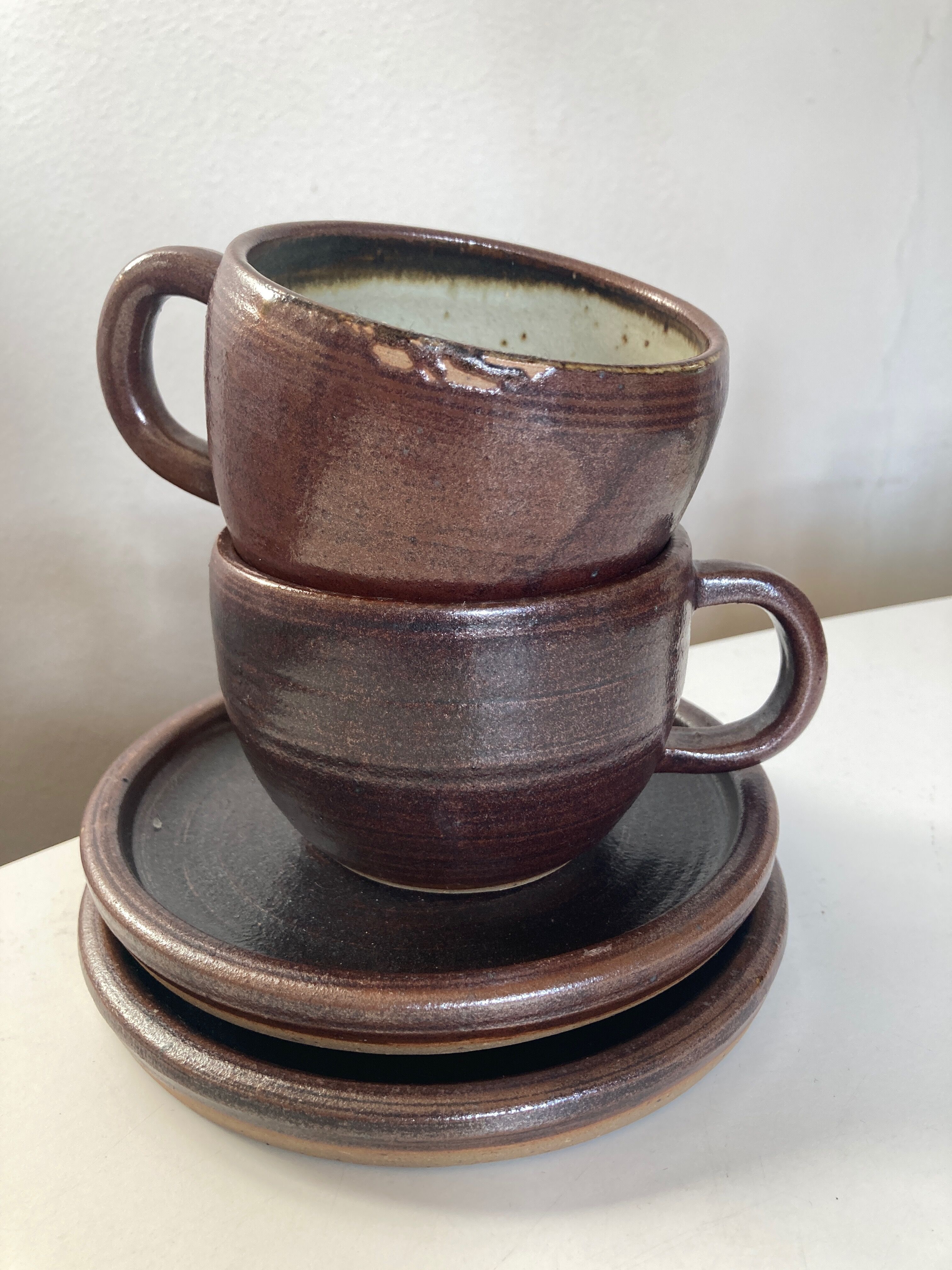 Pair of stoneware breakfast cups signed 1970