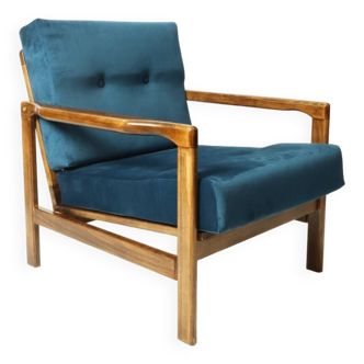 Fauteuil scandinave velours bleu marine 1965 Chaise de salon design Z. Baczyk