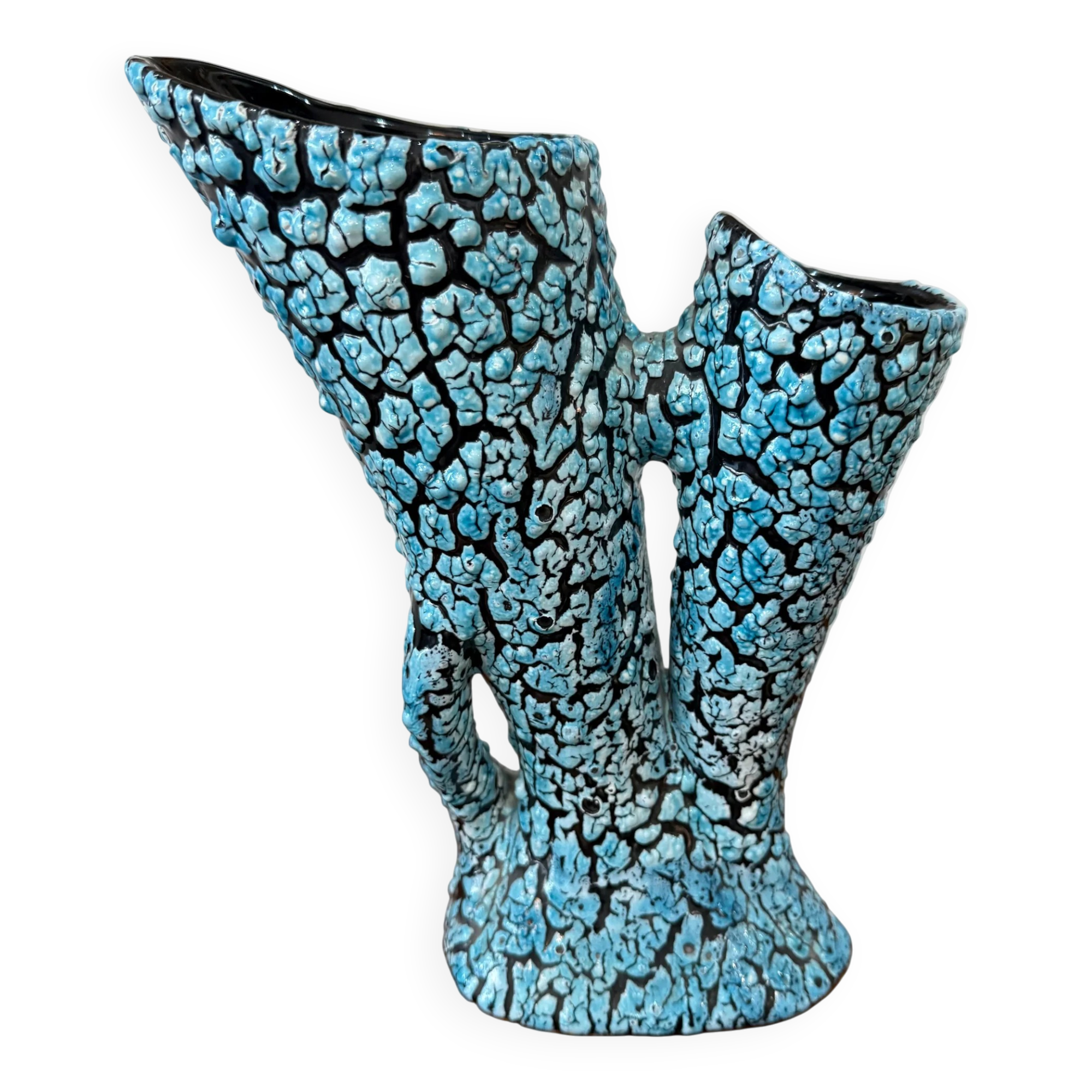 Large sculptural ceramic vase with textured turquoise blue and black glaze – Double horn – H. 31 cm