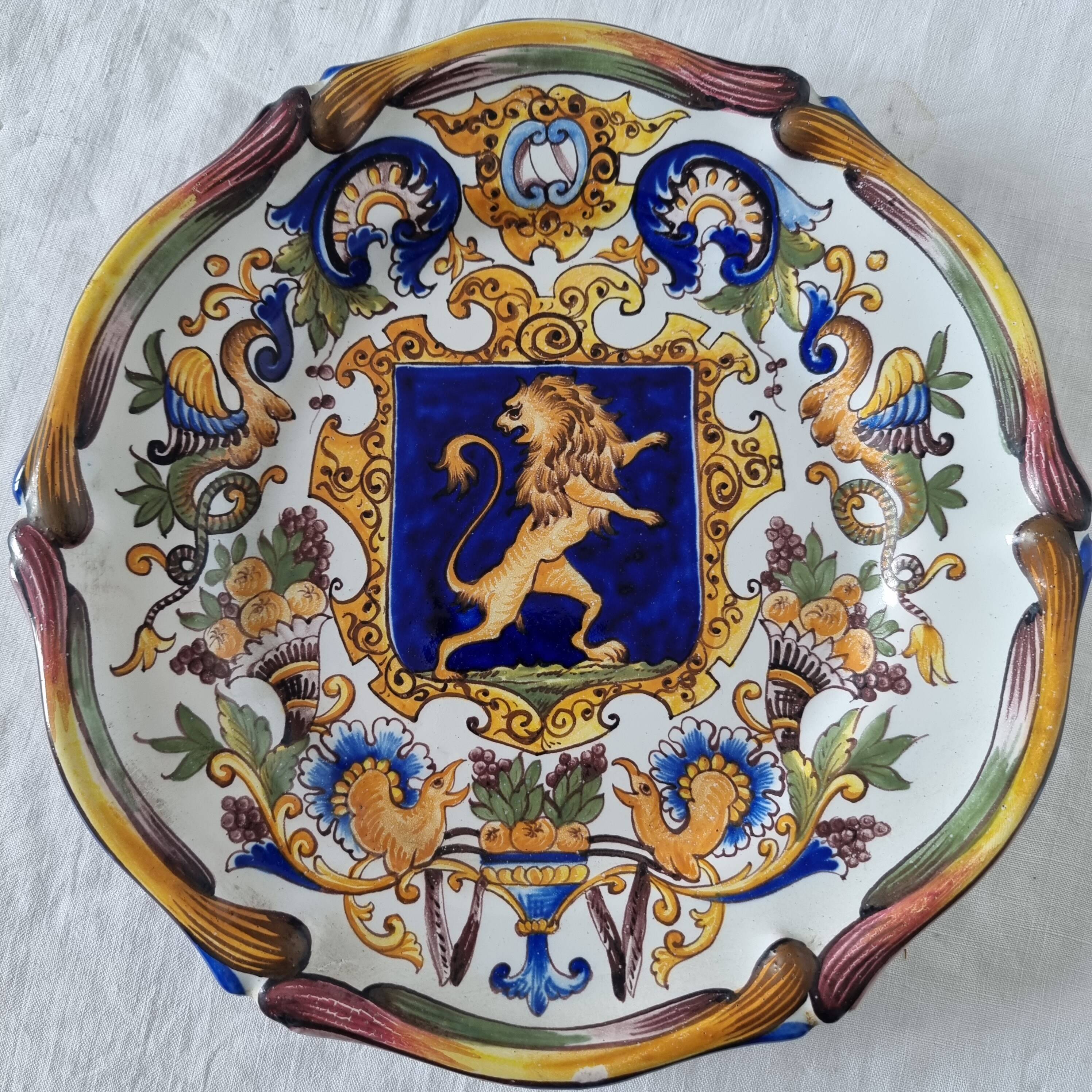 Magnificent antique French earthenware plate with shields signed Keller
