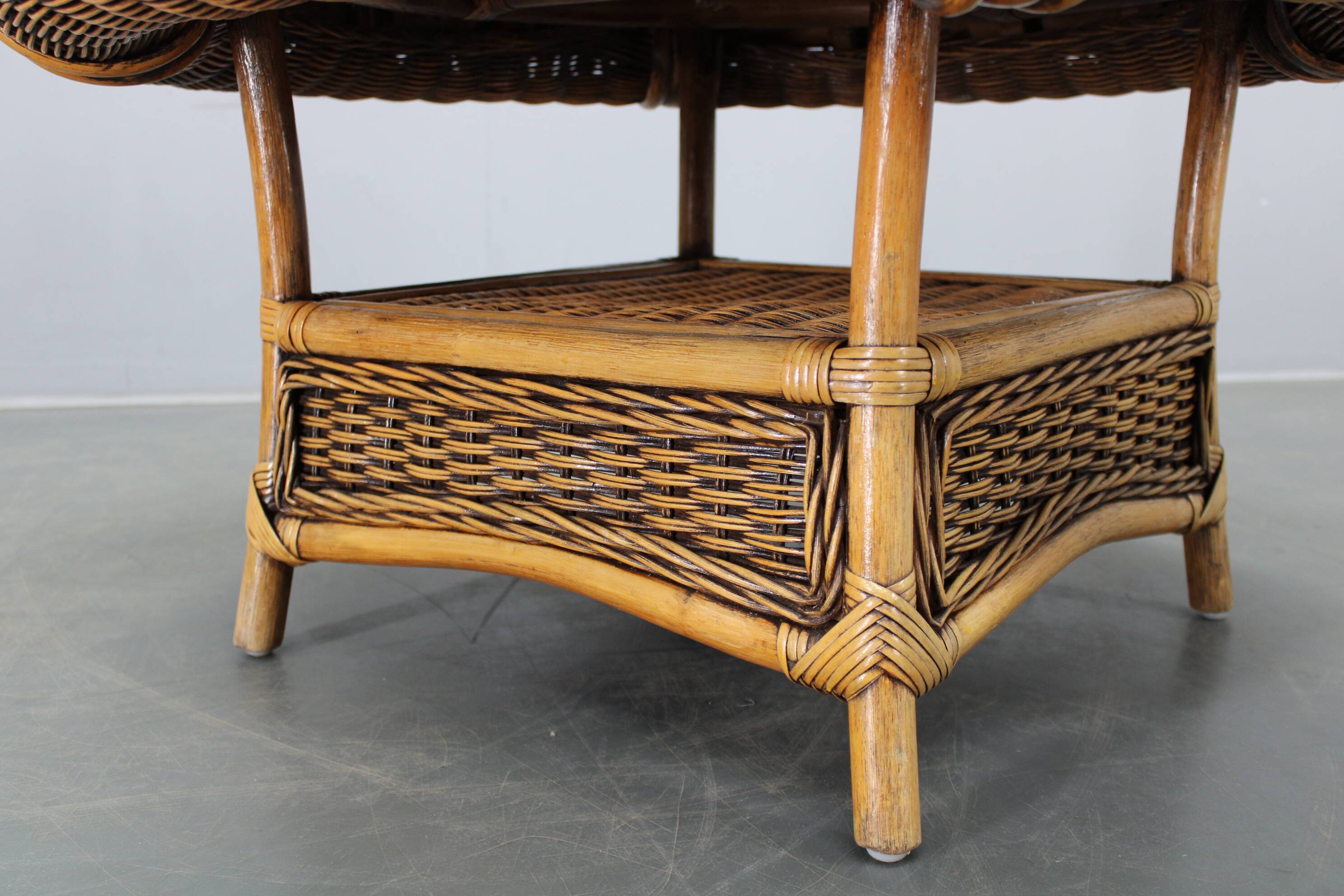 Vintage organic rattan armchair and round coffee table set, 1980s-1990s