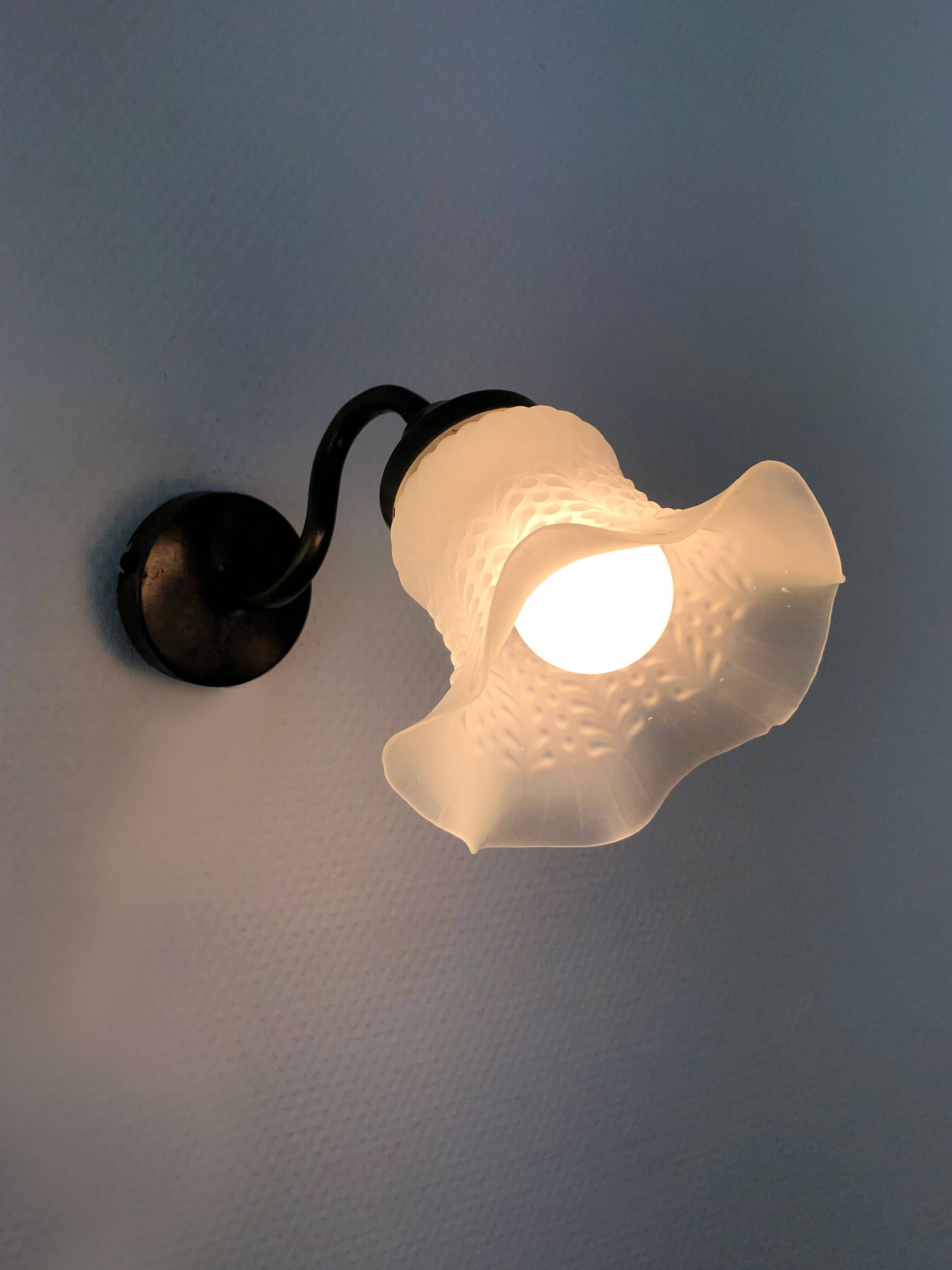 Pair of vintage brass gooseneck wall sconces and glass tulip. Year 60