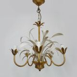 Lustre vintage 3 feux en métal blanc et doré vieilli, feuilles de palmier