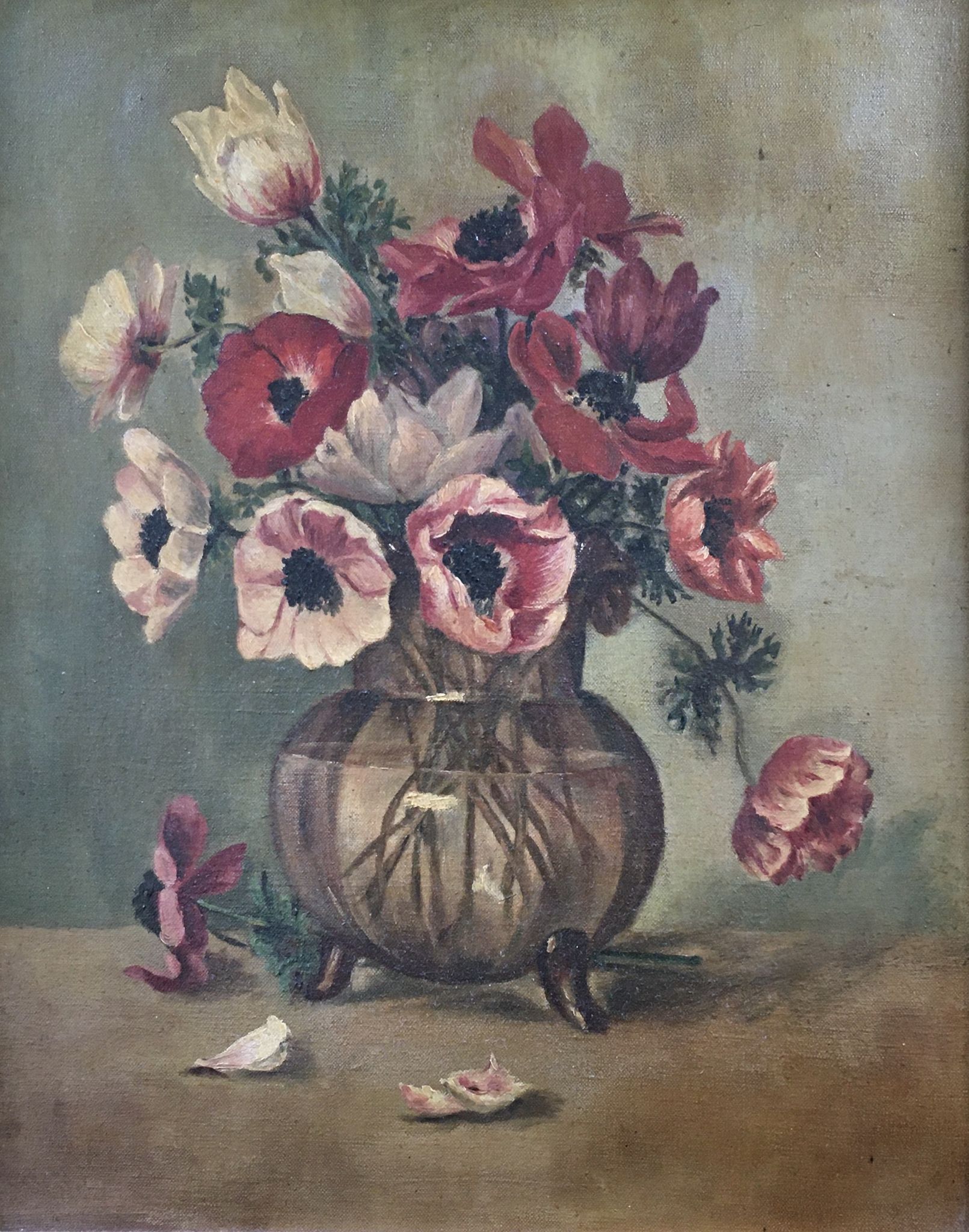 Tableau ancien bouquet d’anémones