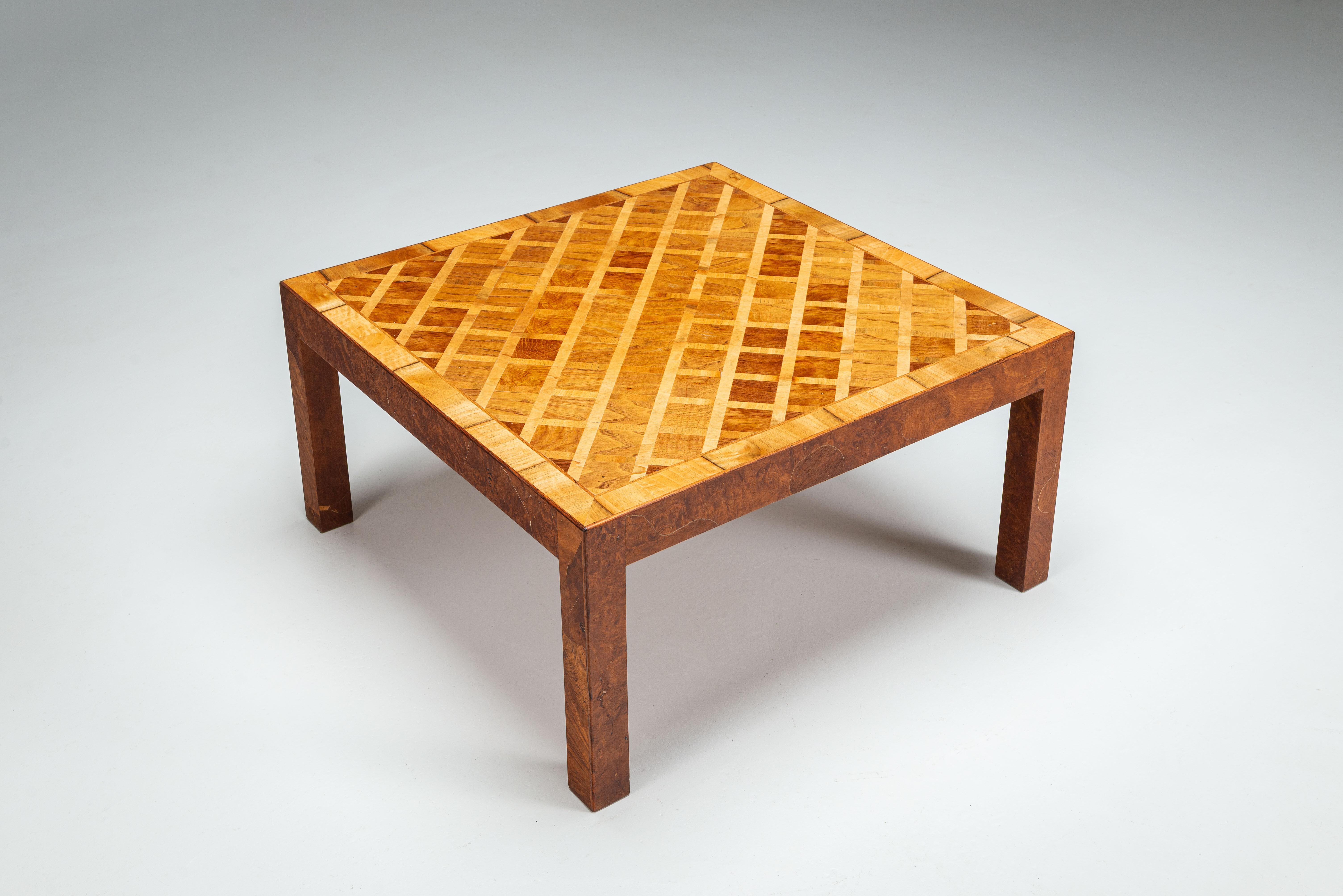 Square Italian coffee table with burl wood and inlaid parquetry top