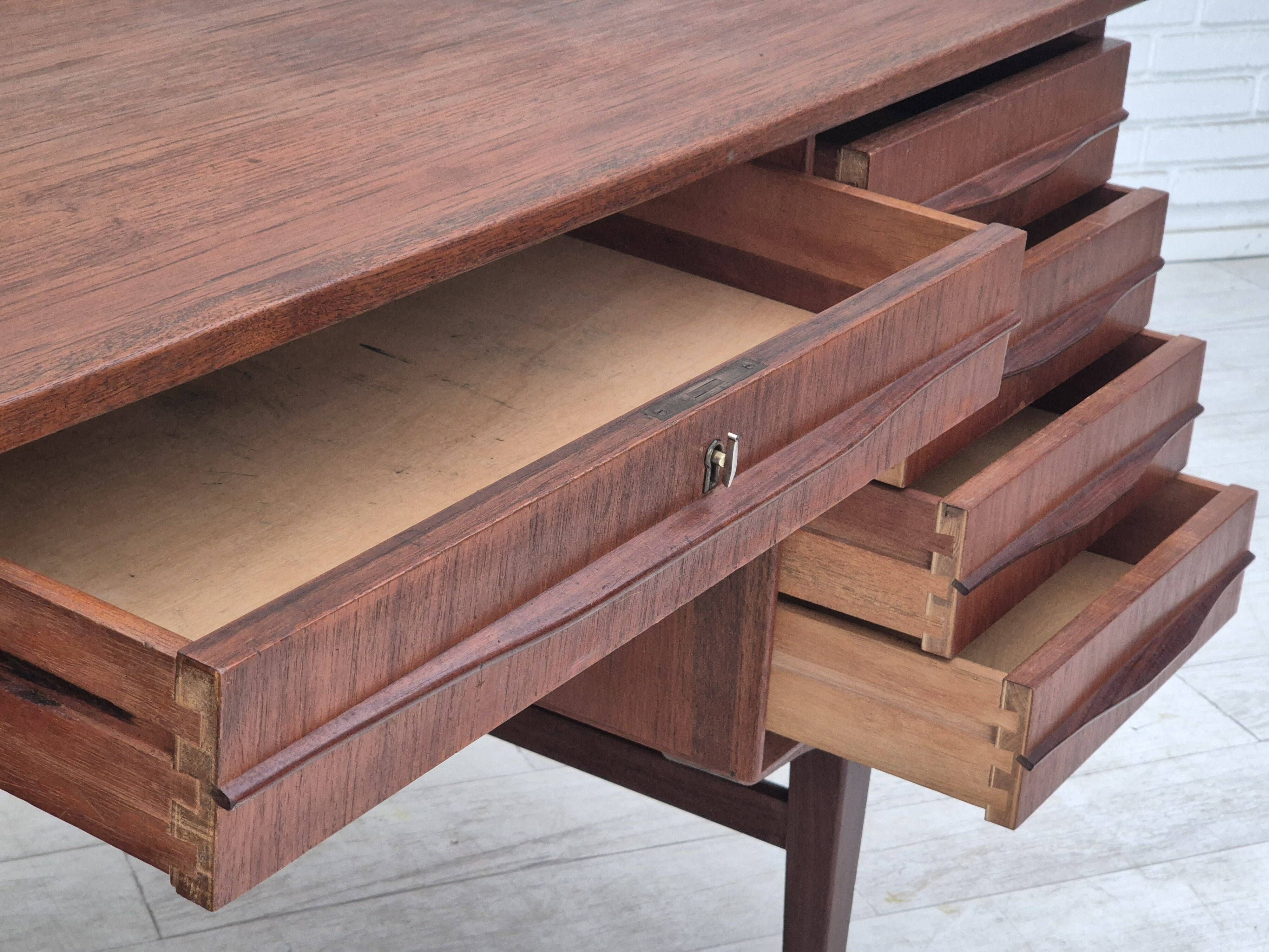 1960s, Danish double-sided, free standing desk, original condition, teak wood, drawers, sliding door