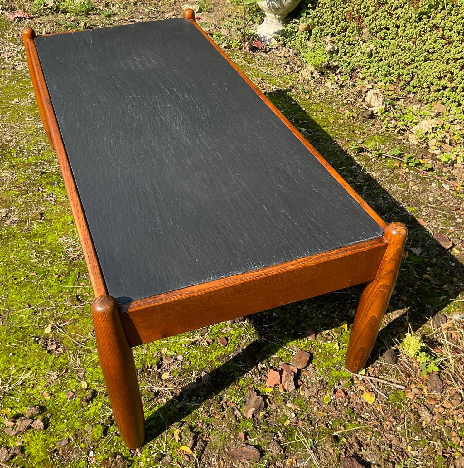 Solid oak and slate coffee table from the 50s-60s