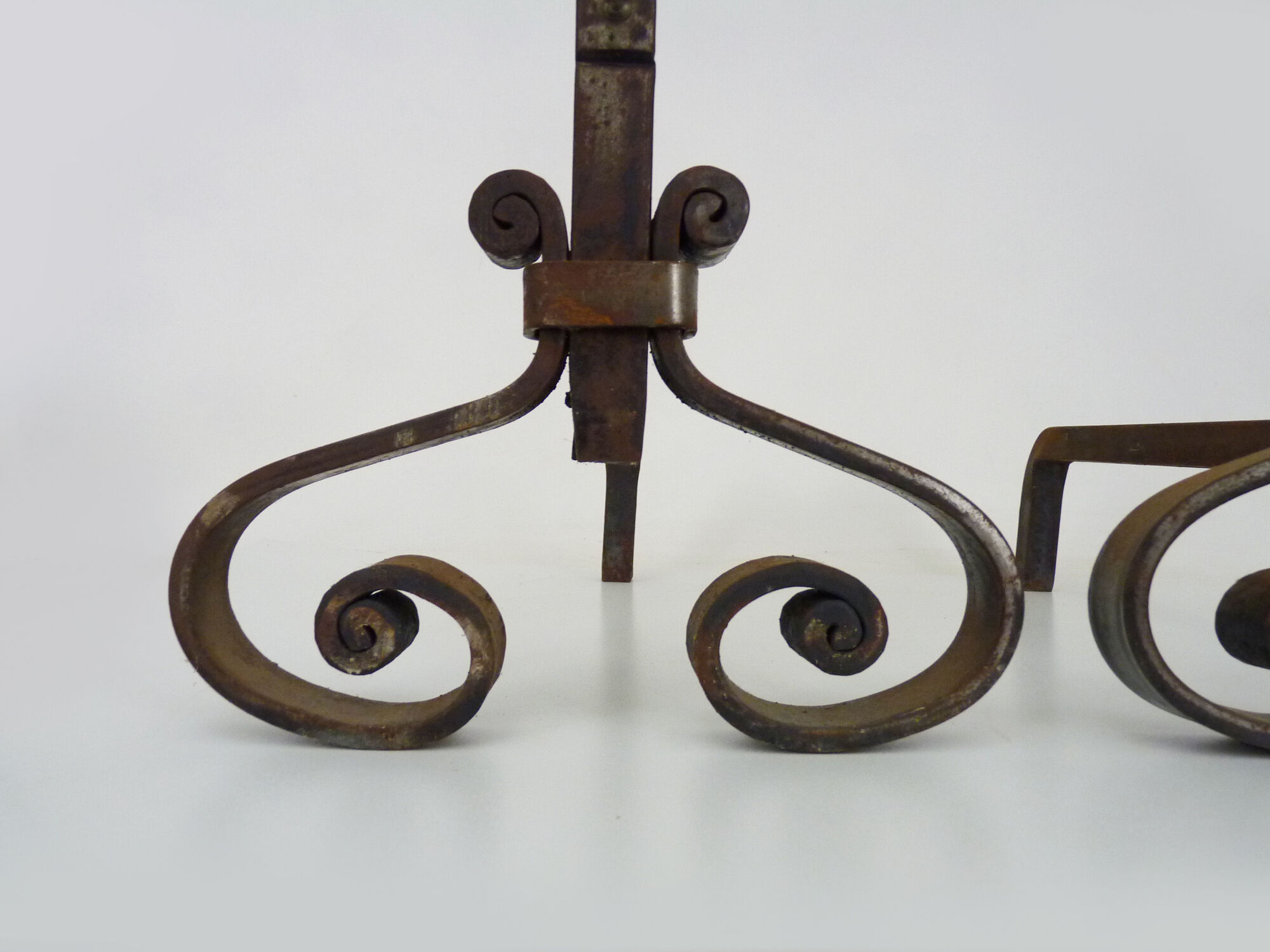 Pair of cast iron, wrought iron and brass chimney chenets. france 19th century