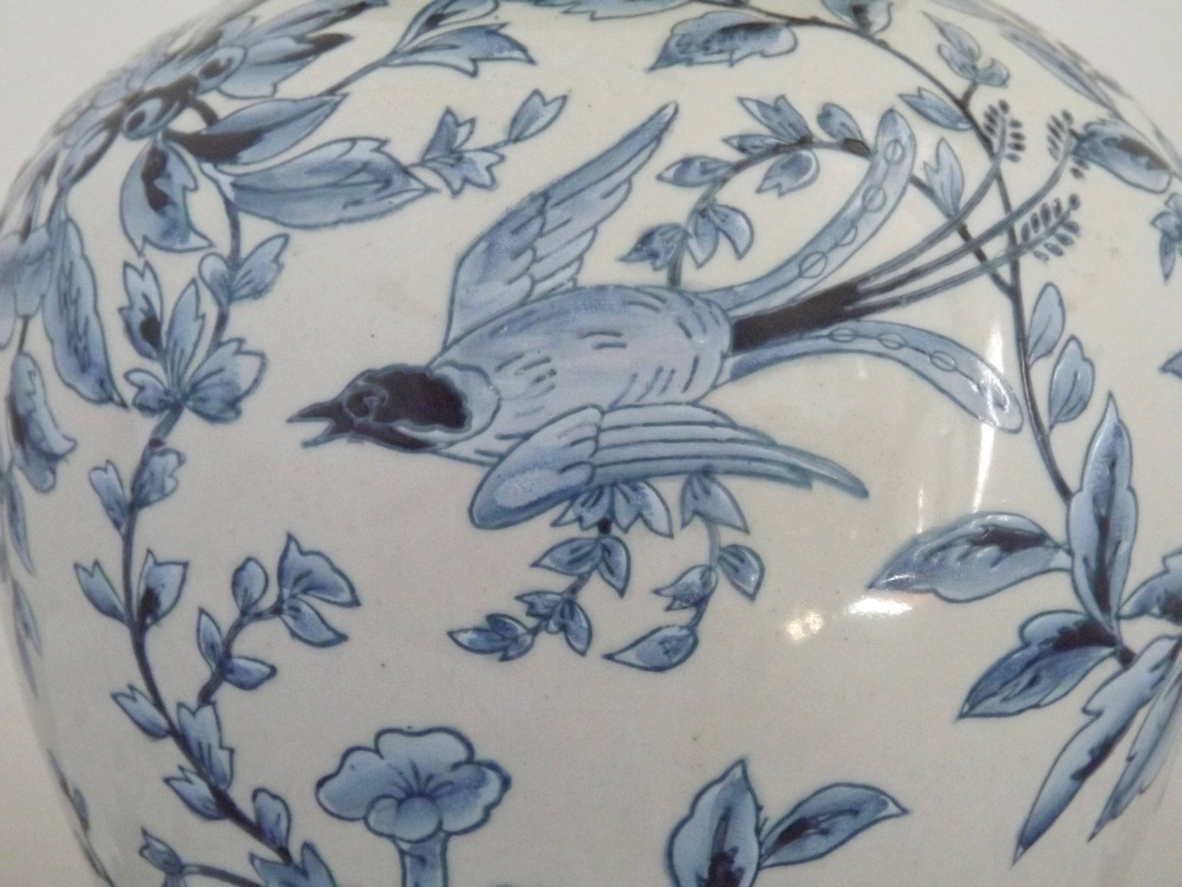 Blue & White Chinoiserie Ginger Jar Table Lamp Raised Bird & Floral Moti