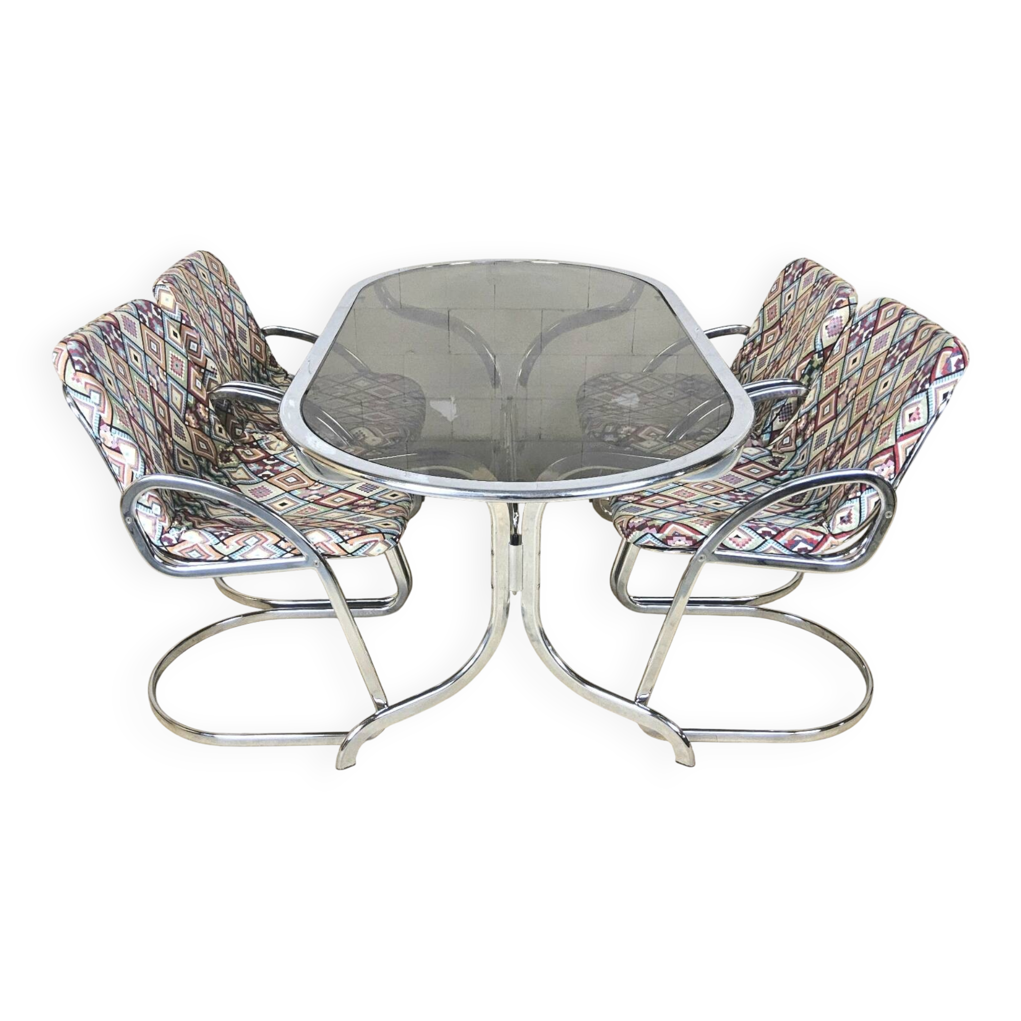 Vintage Gastone Rinaldi chrome & smoked glass dining table + chairs