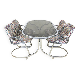 Vintage Gastone Rinaldi chrome & smoked glass dining table + chairs