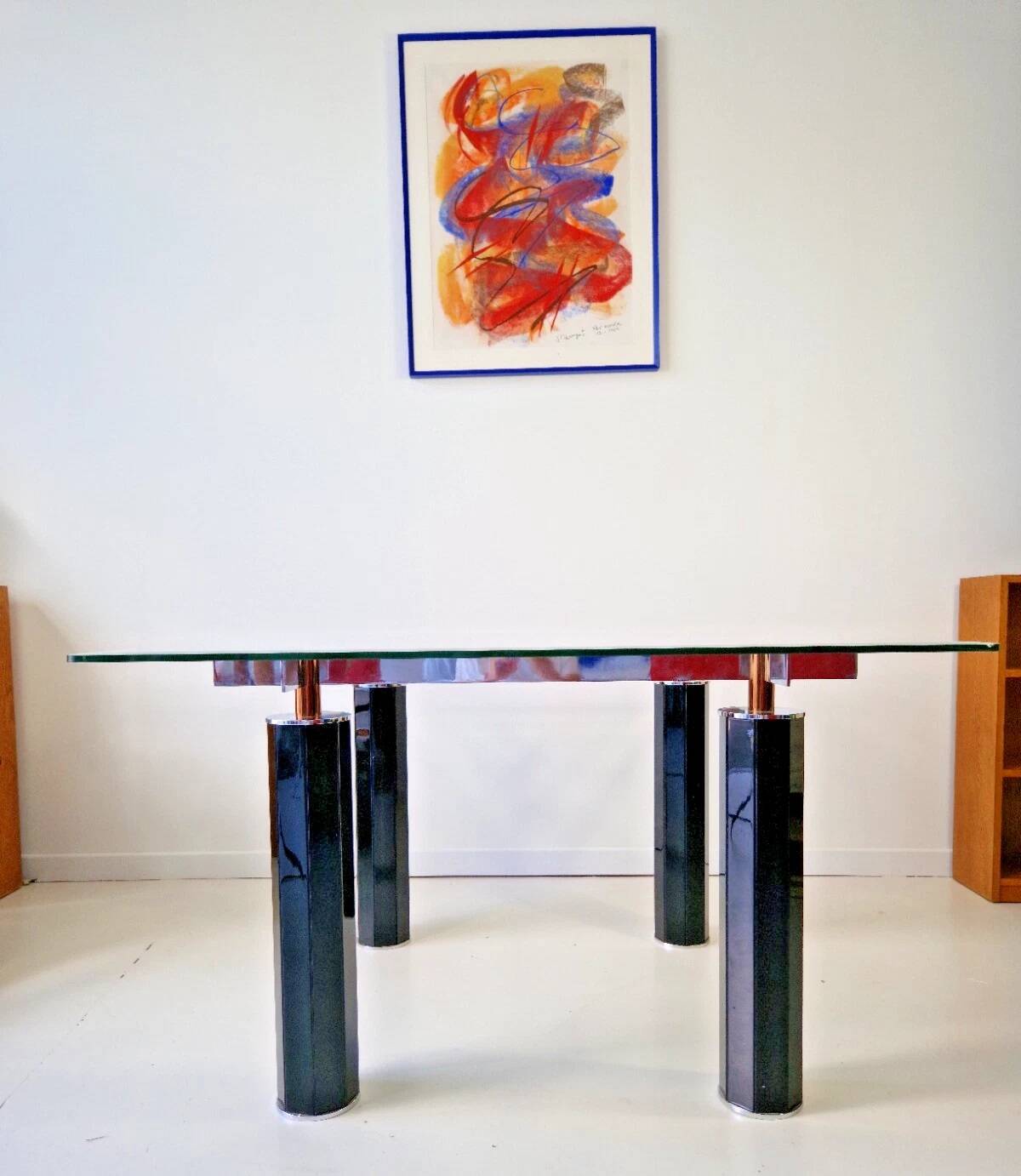 Table à manger en verre trempé vintage des années 1980 style Roche Bobois