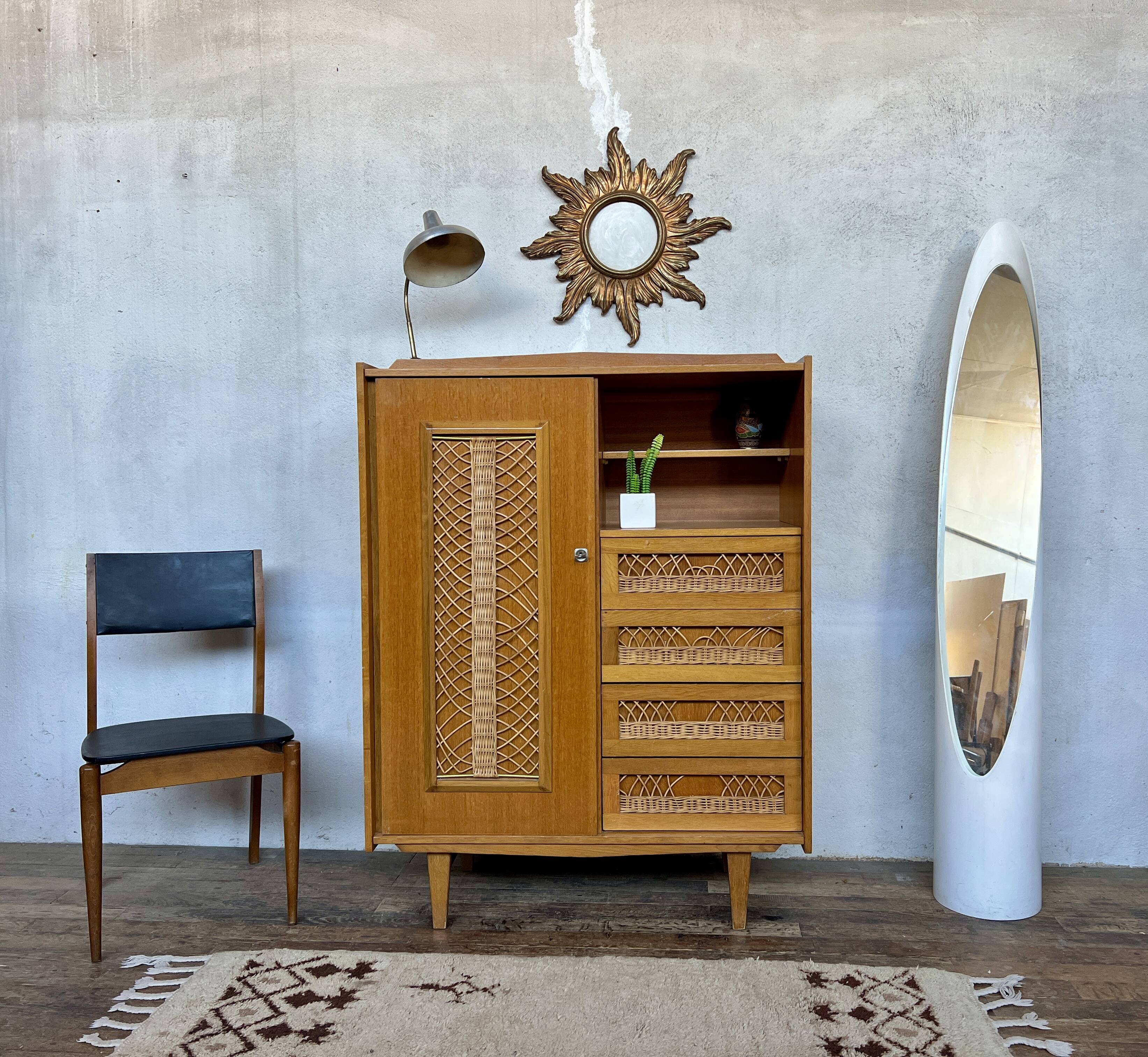 🌿 Vintage wood & cane wardrobe – Scandinavian style ✨