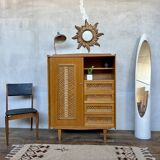 🌿 Vintage wood & cane wardrobe – Scandinavian style ✨