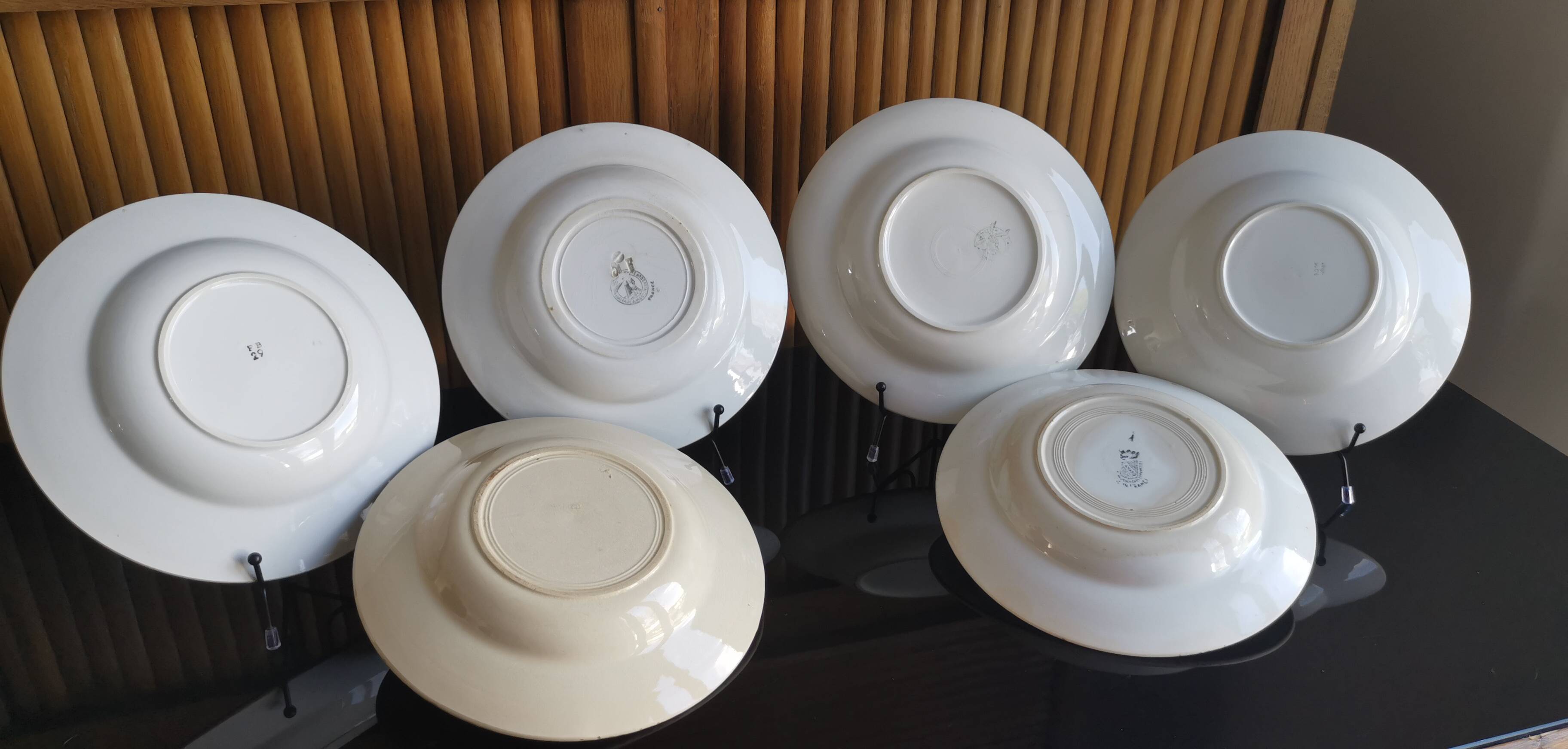 6 old plates mismatched geometric patterns Moulin des Loups, St Amand