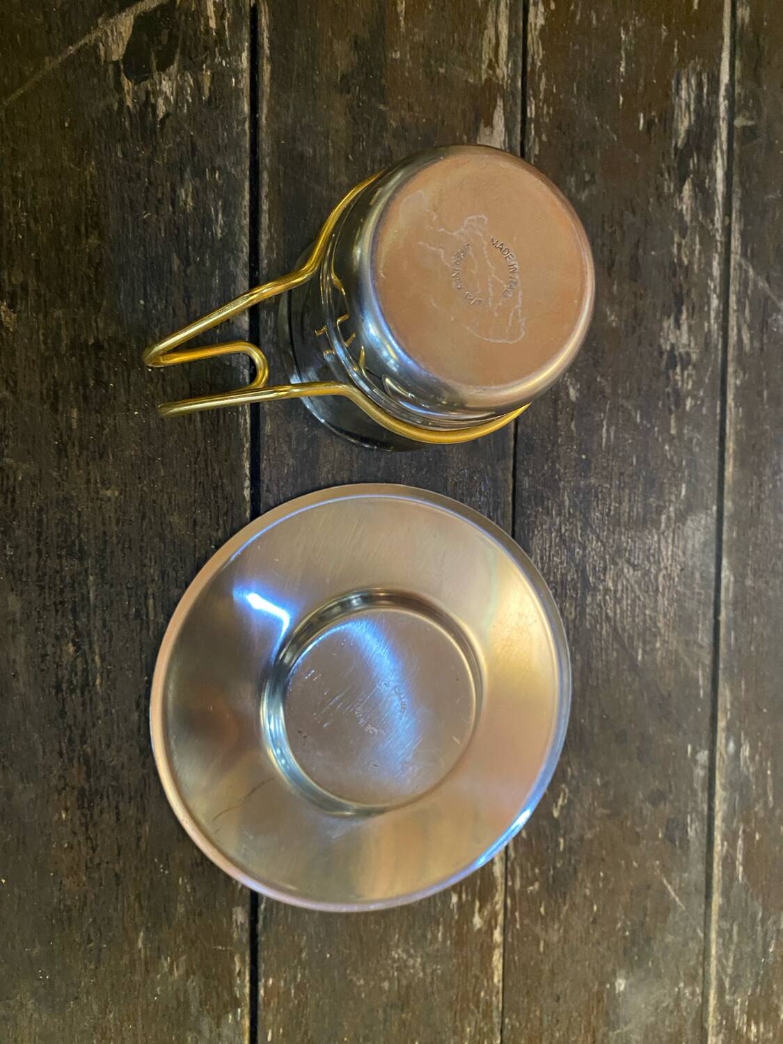 Old Pair of Stainless Steel Cup + Golden Metal Handle Made in ITALY Vintage #D46