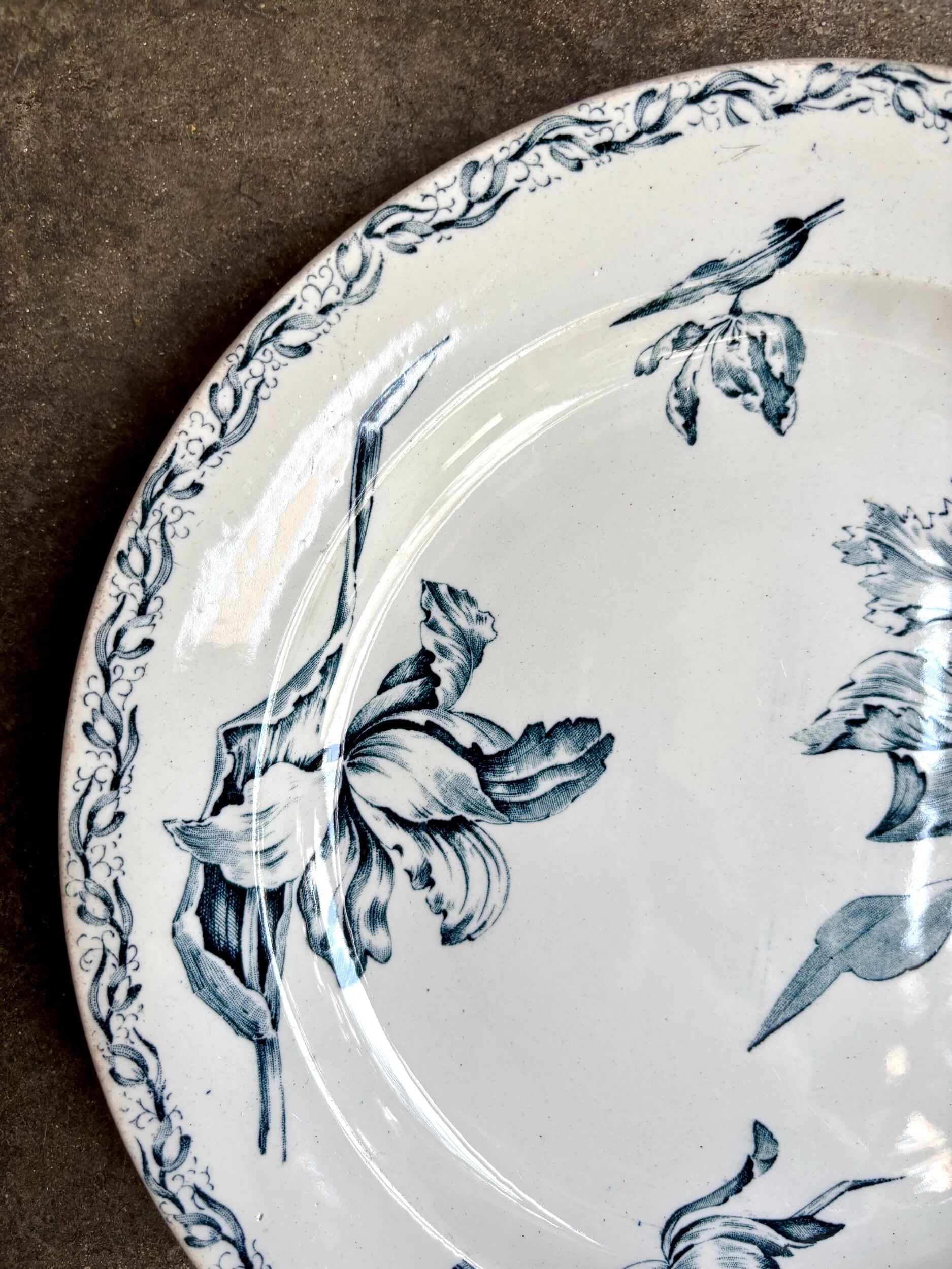 Round flat dish Lunéville in blue ironstone, "Tulip" service.